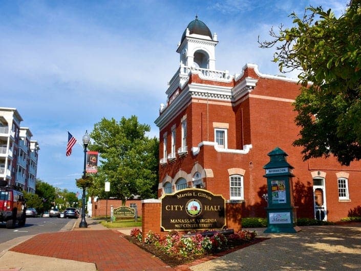 Historic city hall building in Manassas, Virginia
